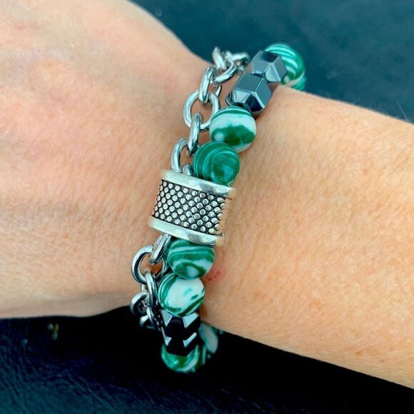 Men’s Malachite Green & Hematite Black Beaded Bracelet with Silver Chain - Picture 7 of 9